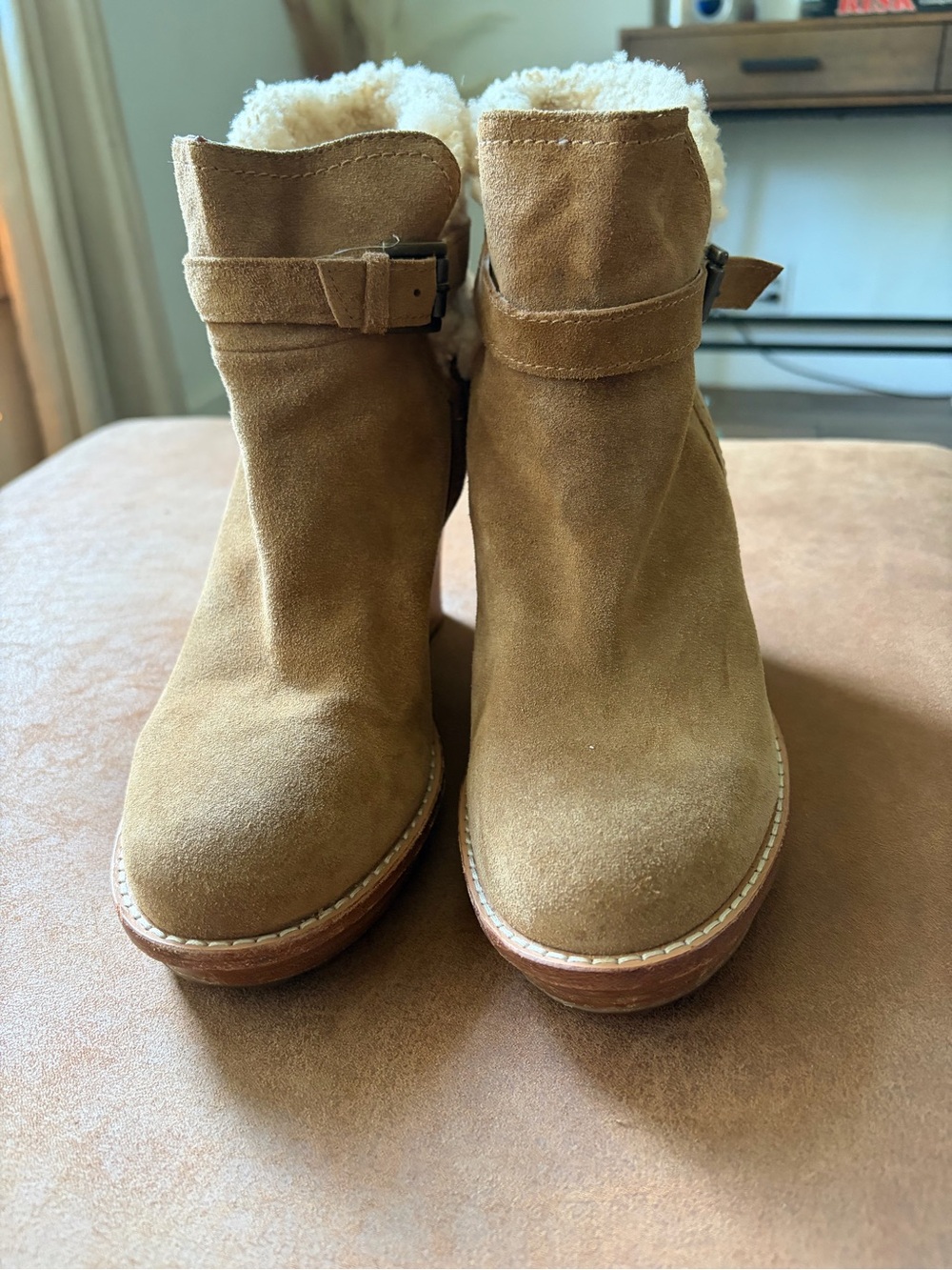 UGG Tan Suede Shearling Lined Wedge Ankle Boots Buckle